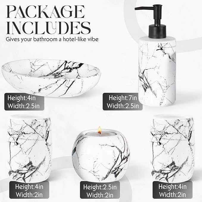 Ceramic Bathroom Accessory Set, 5-Piece Bathroom Accessory Set, Soap Dish, Toothbrush Holder, Soap Dispenser, Bathroom Tumbler & Candle Holder - Modern Bathroom Organizer, (White & Black)