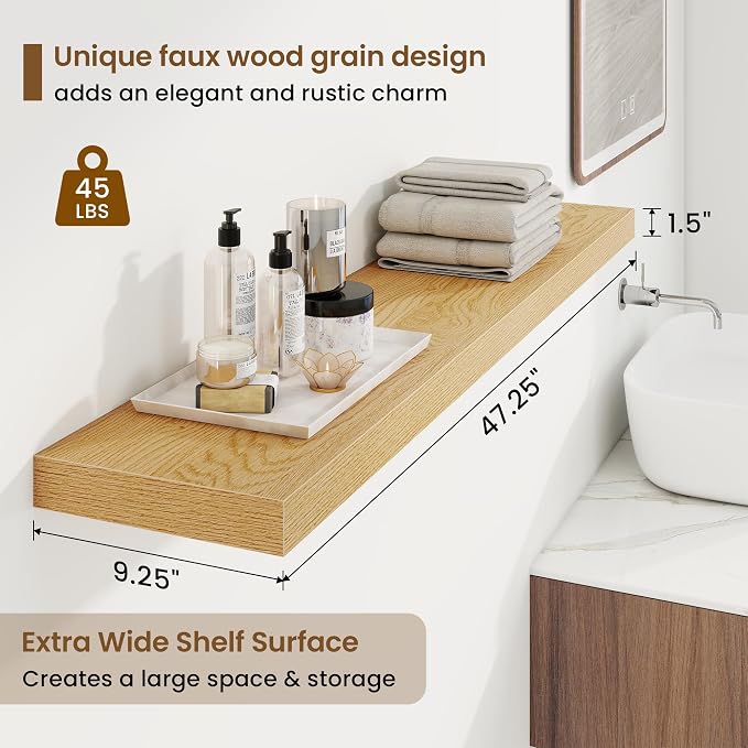 Marsmiles 9.25in Depth 48in Floating Shelves, 48x9.25x1.4, Oak, Set of 2 | Long Wall Mounted Engineered Wood Shelves with Invisible Brackets for Living Room, Bedroom, Bathroom, Kitchen