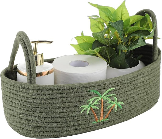 Vesici Coconut Palm Tree Woven Storage Basket Tropical Bathroom Decor | Cotton Rope Organizer for Toilet Paper, Bathroom Countertop Organizer Storage with Handle, Green Palm Decor, 13x6x4 Inch