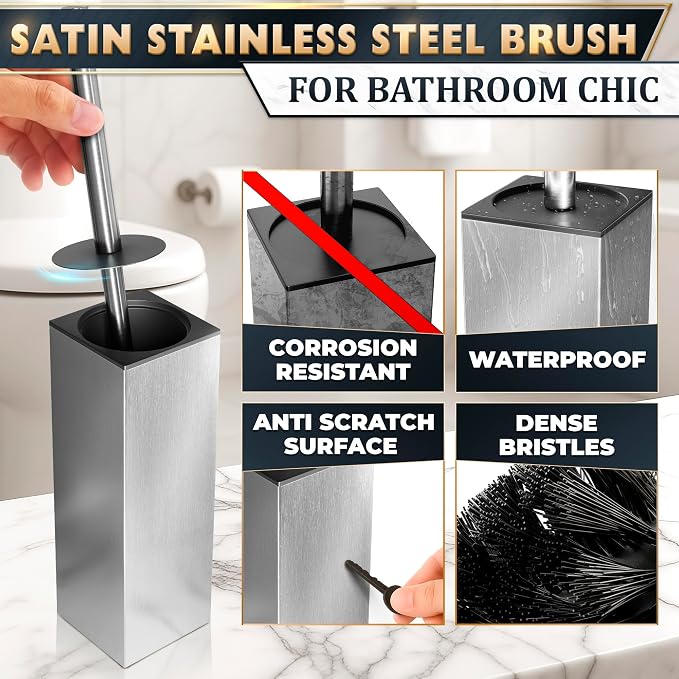 Stainless Steel Toilet Brush and Holder Set, Square Shape (Silver) | Toilet Bowl Brush and Holder, Removable Inner Bowl, Dense Bristles, Long Handle, Scratch Resistant, for Modern Bathrooms