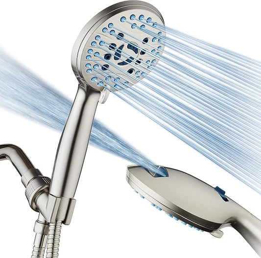 AquaCare 8-mode High Pressure Handheld Shower Head with 2-mode Power Wash | Stay Clean Nozzles, Dual Power Wash for Tub, Tile & Pets, Long 6 ft. Stainless Steel Hose, Wall & Overhead Brackets / Nickel