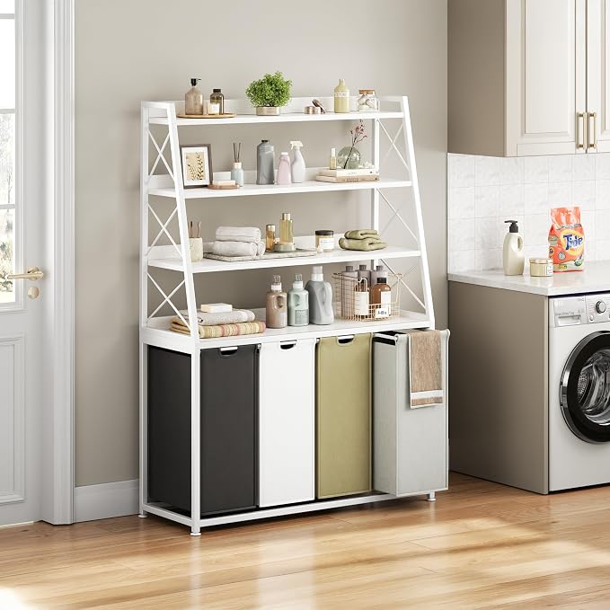 Herture Laundry Basket, 4 Section Laundry Hamper with 4 Tiers Shelf, Pull-Out and Removable Laundry Bags, Large 4 x 15.87 Gallons, for Laundry Room Bathroom White PF12XLE