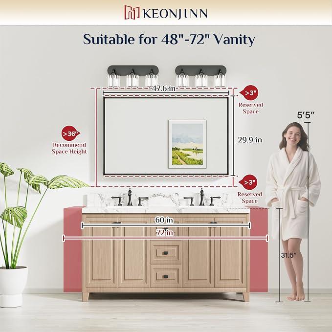Keonjinn 48 x 30 Inch Brushed Nickel Bathroom Mirrors for Over Sink | Metal Frame, Rectangular Mirrors for Wall, Anti Rust, Rustic Bathroom Vanity Mirror, Safety HD Tempered Glass, Square Corner