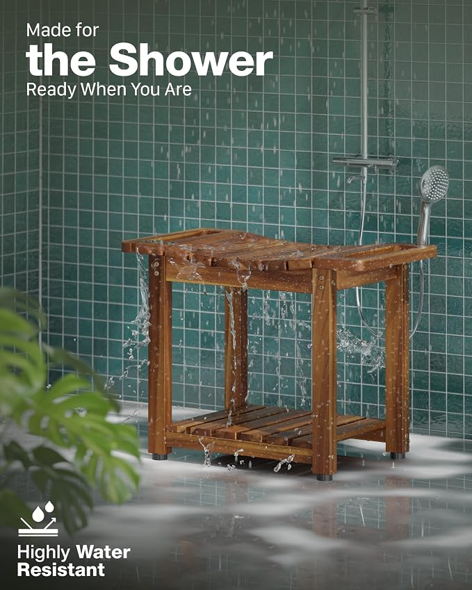 Bluewest 23.4 Inch Shower Bench with Storage Shelf, Natural Wood and Handle | Waterproof Bathroom Spa Bench for Sitting Inside the Shower and Shaving Legs, with a Built-In Handle and Shower Head Holder.