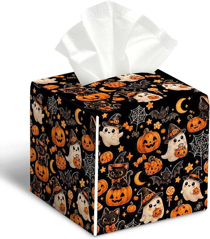 Halloween Ghost Tissue Box Cover Square, Halloween Desk Decor Cube Tissue Box Holder, Autumn Tabletop Decor Leather Facial Paper Organizer Dispenser for Bathroom Home Night Stand Living Room/34
