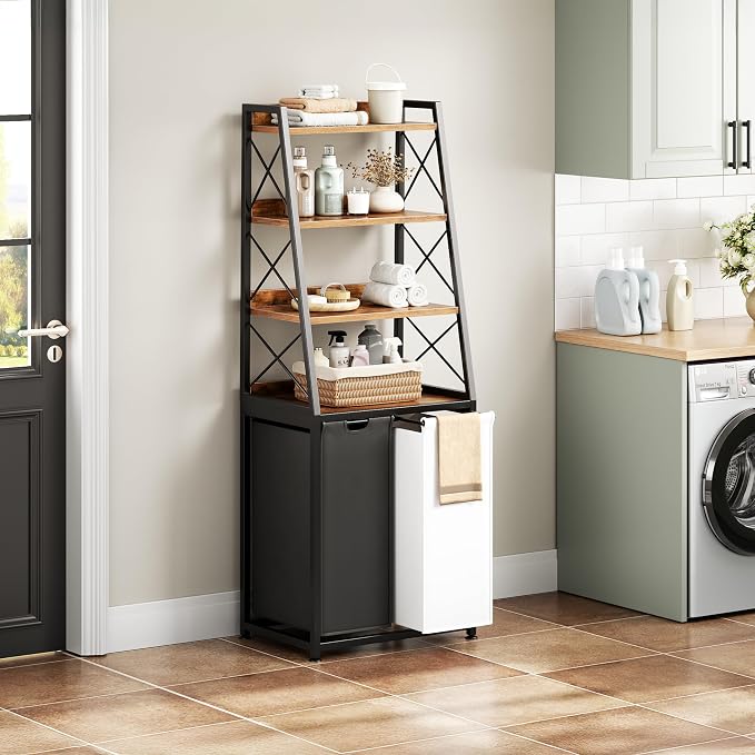 Herture Laundry Basket, 2 Section Laundry Hamper with 4 Tiers Shelf, Pull-Out and Removable Laundry Bags, Large 2 x 15.87 Gallons, for Bedroom Bathroom Rustic Brown PF11XLN