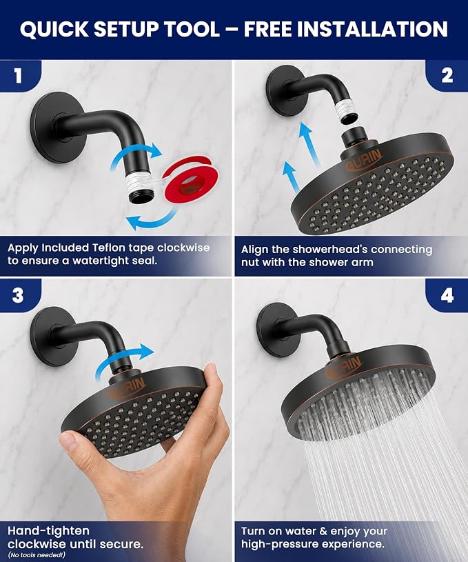 Shower Head - Luxury Oil Rubbed Black Finish - Rain Showerhead 6 Inch | High Pressure Shower Heads with Adjustable Angles, 90 Anti-Clog Nozzles, Tool-Free 1-Min Install