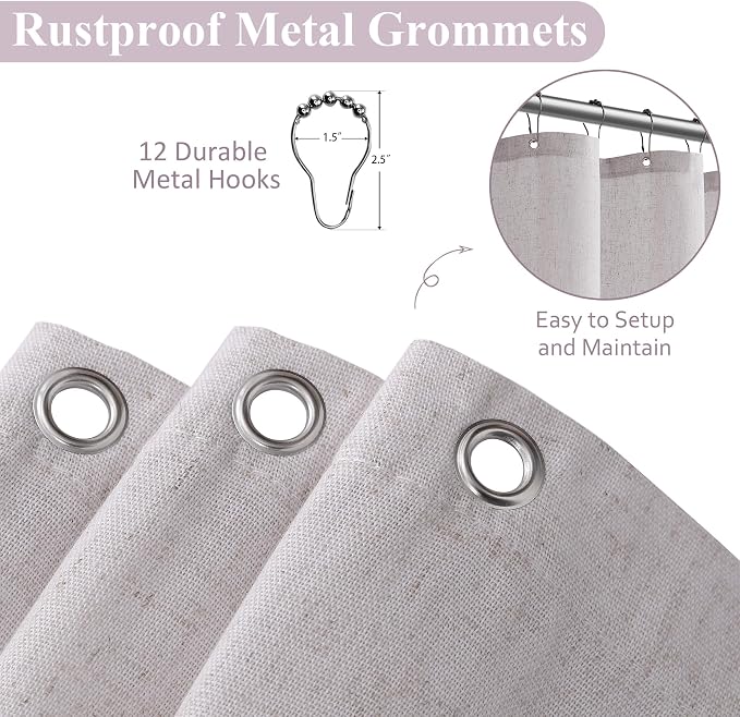 Champagne Linen Shower Curtain, Cloth Textured Fabric Shower Curtain Set with Hooks, Simple Elegant Modern Farmhouse Country Ultra Thick Bath Curtains for Bathroom,Water Repellent,72x80