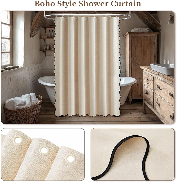72x90 Boho Scalloped Linen Textured Cloth Shower Curtain, Beige/Cream | Long Size, 230GSM Waterproof Polyester, Heavy Duty Fabric, 12 Plastic Hooks, Elegant Modern Farmhouse Style, Machine Washable