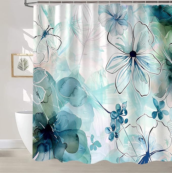 Sanzugh Teal Floral Shower Curtain, Boho Emerald Sage Hunter Olive Green Blue Abstract Flowers Art Cute Fabric Shower Curtains Set for Bathroom Decorative with Hooks 72 X 72 inch Spring Bath Decor
