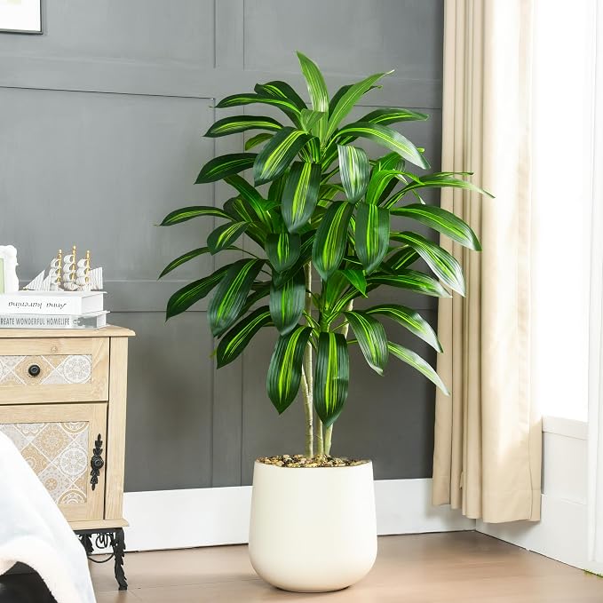 Artificial Dracaena Tree, 4FT Fake Indoor Plant with White Planter | Faux Silk Yucca Tree for Home Office Living Room Bedroom Farmhouse Modern Outdoor Topiary Tree