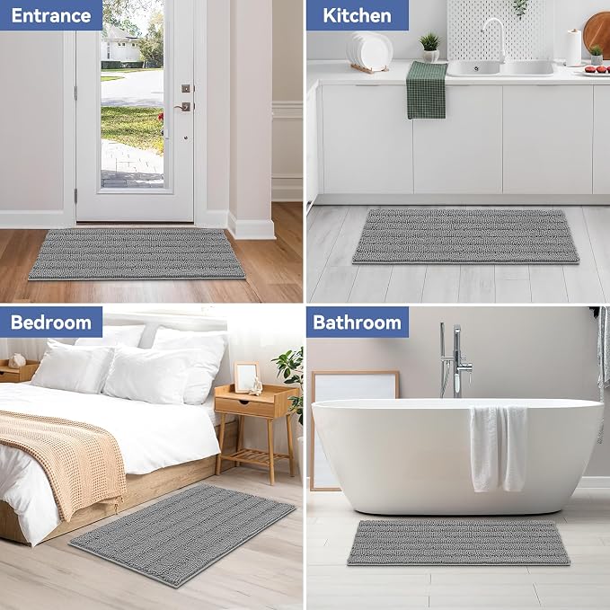 Bcoimo Bath Rug Mat,44x24 Chenille Non Slip Gray Long Bathroom Runner Rugs | Extra Soft Bathroom Floor Mats;Non Slip with Rubber Back Bath Mats;High Absorbent, Quick Dry Microfiber mat; Machine Washable
