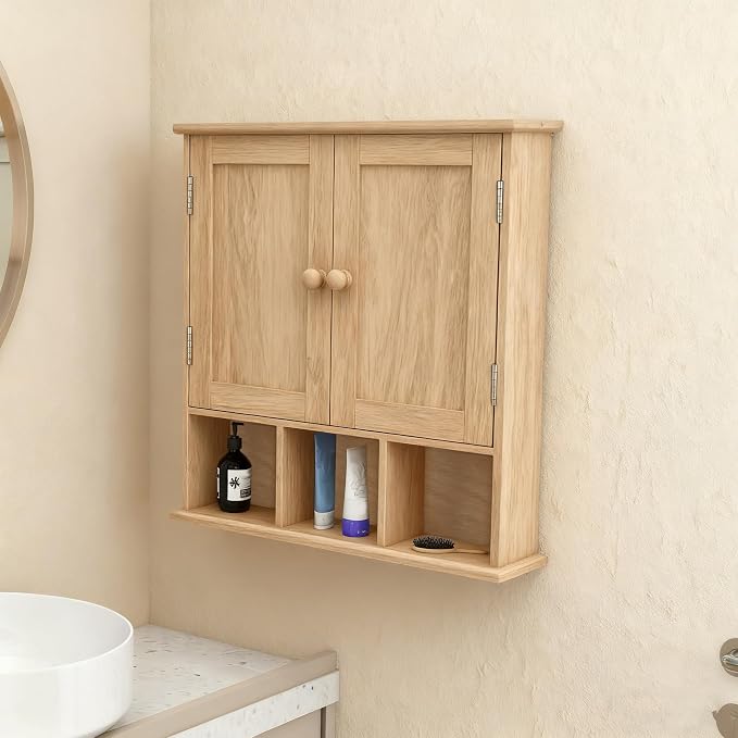 TaoHFE Natural Wooden Color Bathroom Wall Cabinet with 2 Door | Adjustable Shelves Over The Toilet Storage Wall Mounted Medicine Cabinets for Bathroom Laundry Room Kitchen