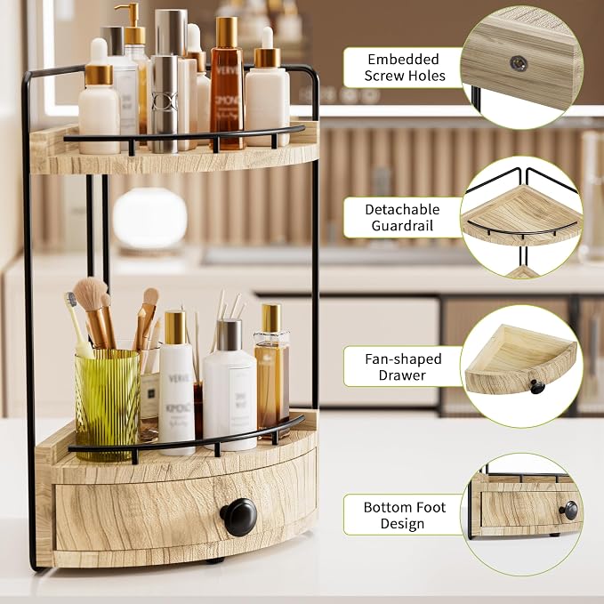 2-Tier Corner Bathroom Countertop Organizer with Drawer | Embedded Screw Holes, Space-Saving, Solid Wood Counter Shelf, for Makeup & Skincare Storage, Light Brown