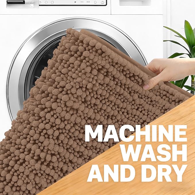 OLANLY Large Bathroom Rugs 40x32, Thick Soft Absorbent Chenille Bath Rugs | Mocha, Quick-Drying Rubber Backing, Shaggy Bath Mat, Machine Washable for Floor, Tub and Shower, Home Decor Accessories