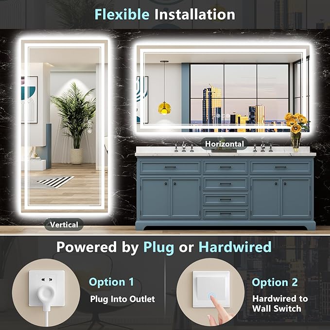 84x40 LED Bathroom Mirror, Backlit & Front Lit Lighted Mirror | Anti-Fog Vanity Mirror with Lights, 3 Color Dimmable, Memory, Shatterproof, Tempered Glass, CRI95, UL Listed, Wall Mounted
