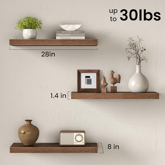 Floating Shelves for Wall, 28 Inch Floating Shelves Set of 2, Wall Mounted Rustic Wood Shelf for Bathroom, Living Room, Bedroom and Kitchen, Hanging Shelf for Storage, Books, Home Decor, Rustic Brown