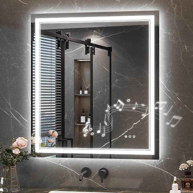Keonjinn 32 x 36 Inch LED Bathroom Mirror with Lights, Frontlit & Backlit | Bluetooth Speaker, Bluetooth Mirror Bathroom, Stepless Dimmable 3-Color Lights, Tempered Glass, Fast & Safe Defogging, CRI90+
