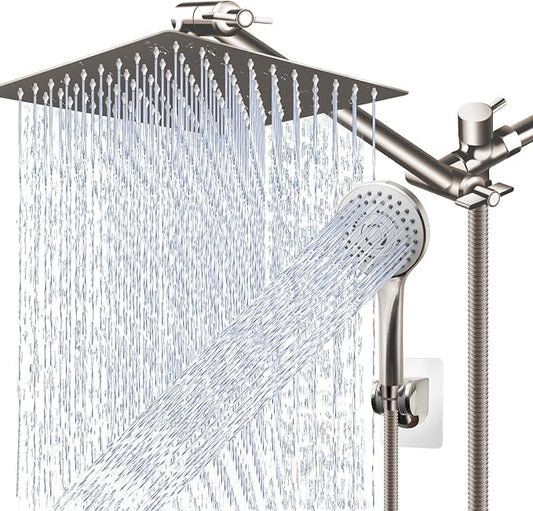 Shower Head Combo,12" Brushed Nickel High Pressure with 11" Extension Arm | Rain Shower Head with 5 Settings Handheld Shower Head Combo,Powerful Shower Spray Against Low Pressure Water