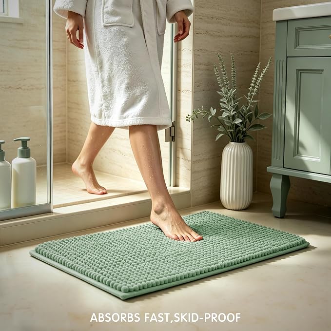 SUBRTEX Bathroom Rugs, 24" x 36" Chenille Bath Rug Soft Short Plush Bath Mat Soft Shower Mat Water Absorbent Shower Mat Quick Dry Machine Washable, Sage Green