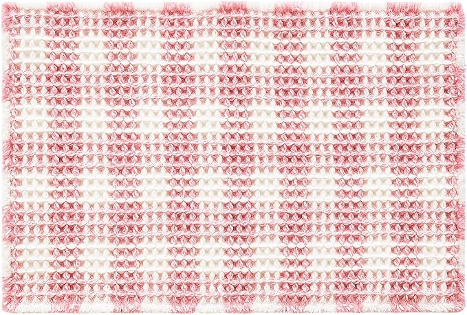TYUU Waffle Bath Mat, Boho Bathroom Rugs Non Slip Washable Absorbent Checkered Bathroom Mat Quick Dry Cute Bath Mat, 24"x16" Pink and White