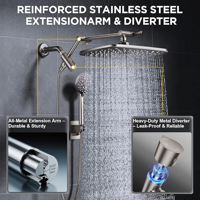 Veken Brushed Nickel 11.8" Shower Head with Handheld,Stain Resistant Finish | Handheld Shower Head with Multi Spray Modes,Rainfall Combo with 15" Metal Extension Arm,Detachable Dual Shower,Regaderas Para