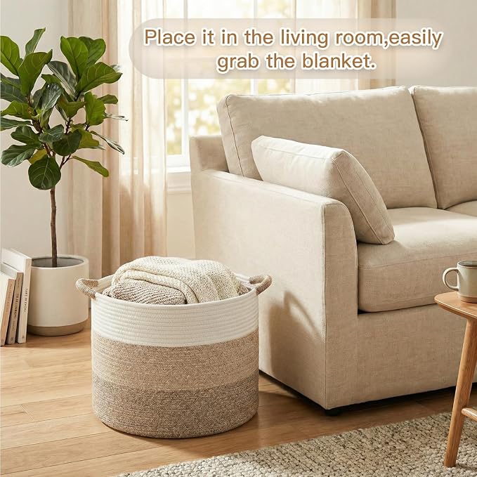 Artfeel 100L Large Cotton Rope Basket, Decorative Woven Blanket Storage for Living Room, Boho Toy Storage & Toy Box for Kids, Versatile Laundry Basket & Nursery Hamper for Blankets(BrownYellow)