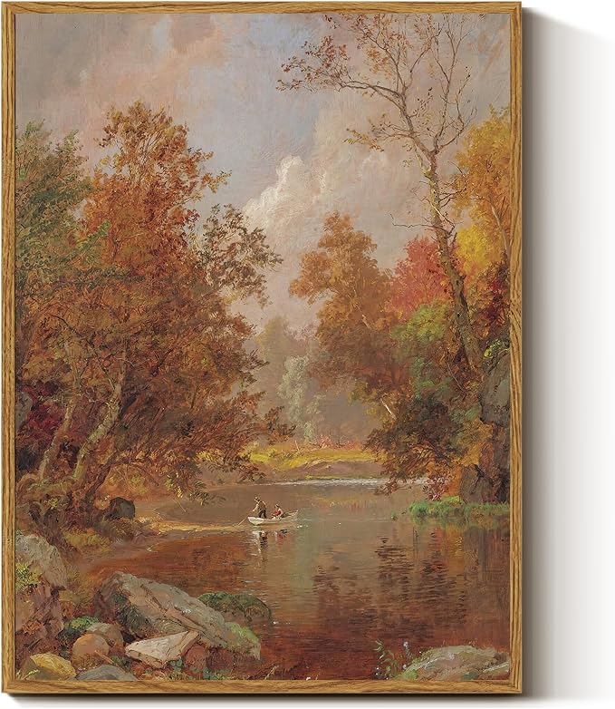 InSimSea Vintage Fall Picture Wall Decor, Autumn River Landscape Art, Rustic Nature Decor for Shelf Kitchen Bathroom, Framed Canvas Art, 16x12in,Small Size