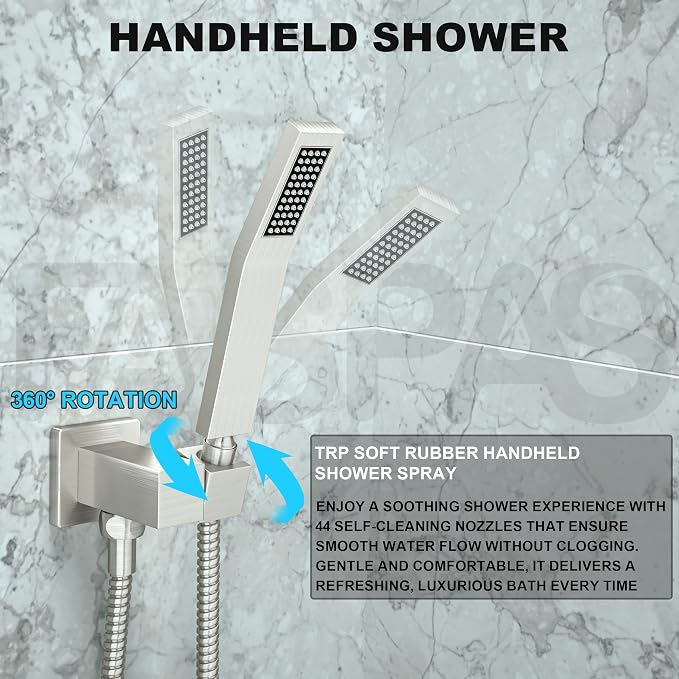 Shower System with 10-Inch Rain Head and Tub Spout | All-Metal Tub Shower Faucet Set, Wall Mounted Rain Showerhead, Handheld Spray, Includes Valve and Trim Kit, Brushed Nickel