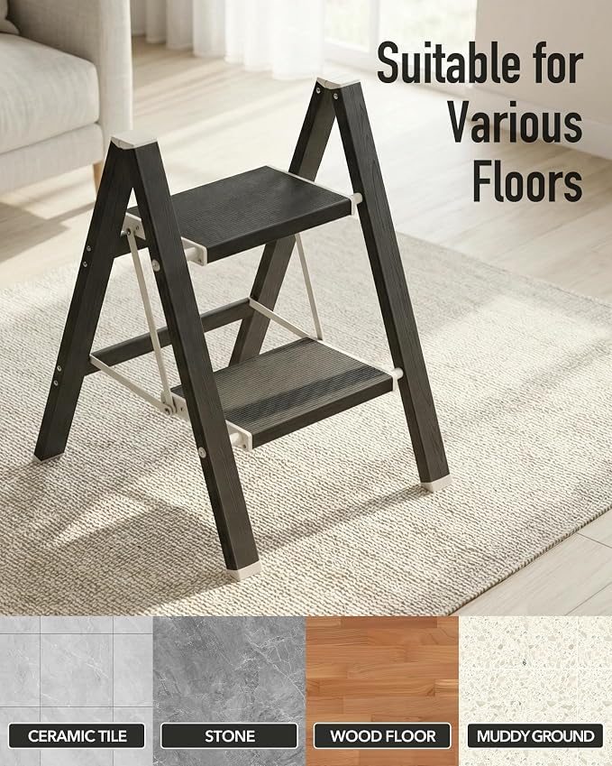 Mayi Plus 2 Step Stool Foldable, Aluminum, Lightweight Step Ladder | Extra-wide anti-slip folding steps with 330 lbs, for home,kitchen,office,outdoor,Ebony woodgrain