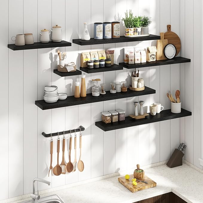 48 Inch Floating Shelves for Wall 2 Pack, 8"D Wood Grain Bathroom Shelves | Invisible Brackets, Black Finish, Easy Install | Engineered Wood Storage Shelves for Kitchen, Study, Bedroom