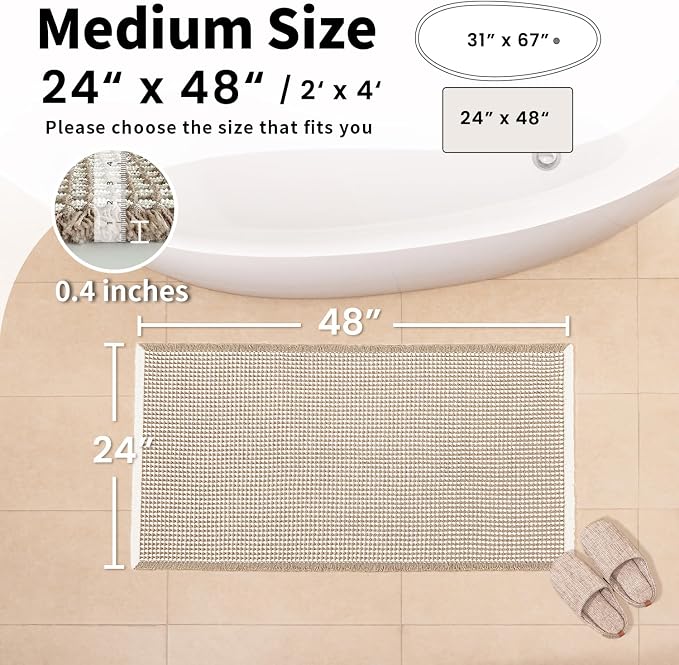Waffle Bath Mat, Boho Bathroom Rugs Non Slip Washable, 24" x 48" | Super Absorbent Quick Dry Bath Mat, Boho Bathroom Mats, Soft Waffle Weave Farmhouse Bathroom Decor, Khaki and White