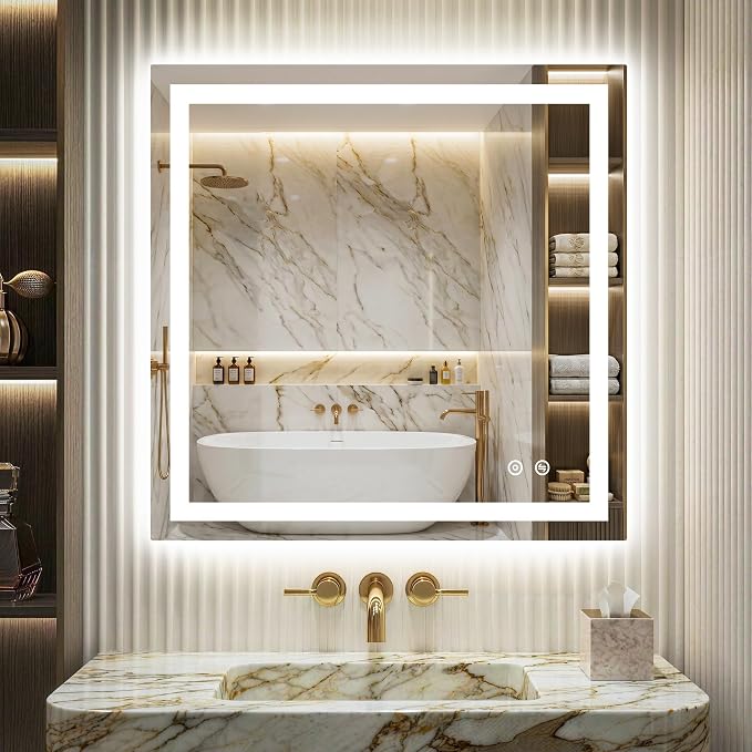 LED Vanity Mirror with Lights 30x30 Inch, Front & Backlit Bathroom Mirror, Dimmable 3 Color Lighting Anti-Fog Wall Mounted Mirror, Shatterproof Tempered Glass, Horizontal or Vertical