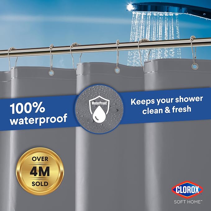 Clorox Shower Curtain Liner, Premium Colored Medium-Weight Durable Waterproof 6g PEVA for Bathroom with Weighted Magnets, Standard Size 72" x 72", Grey