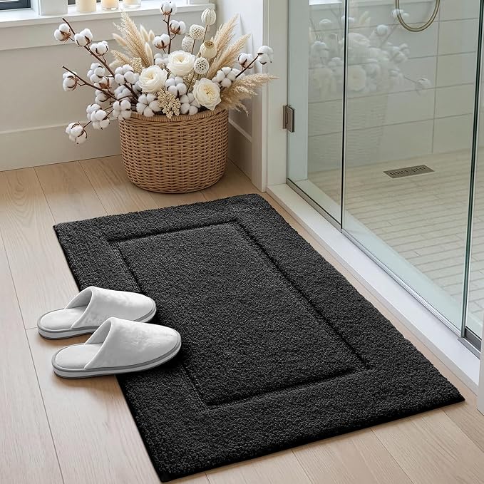 DEXI Bath Mat 43x24, Absorbent and Non Slip Bathroom Rugs, Black | Soft Plush Microfiber Bathmat, Machine Washable & Quick Dry, Rubber Back Rug for Shower, Tub, Sink