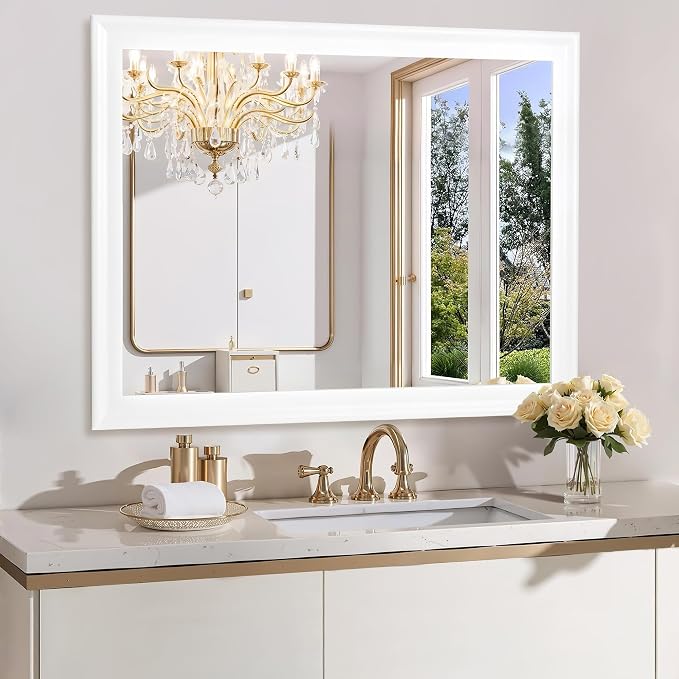 Tanmicoshomy White Rectangle Bathroom Wall Mirror 30x40 Inch | Tempered Glass, 4 Pre-Installed D-Ring Hooks, Vertical/Horizontal Wall Mount for Bedroom Living Room