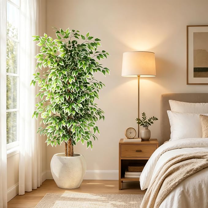 GTIDEA 6FT Artificial Ficus Tree with Natural Wood Trunk (NO VASE Included) | Tall Faux Trees Indoor, Dense Foliage, Fake Silk Tree Fake Plants for Home Decor Living Room Outdoor Balcony House Office