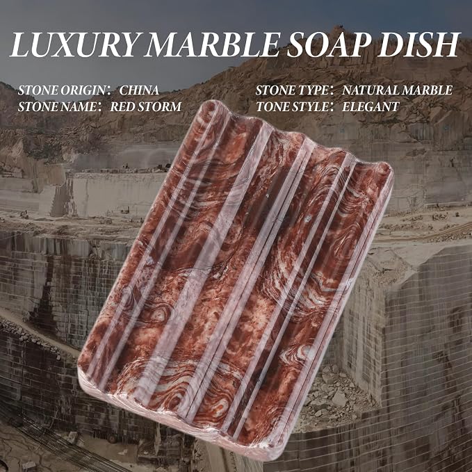 Natural Marble Soap Dish for Shower, Red Marble Soap Tray for Bathroom, Bar Soap Holder for Sink, Stripe Grooves Saver Stone Soap Dish Keep Soap Bars Dry Easy Clean(Red Storm)