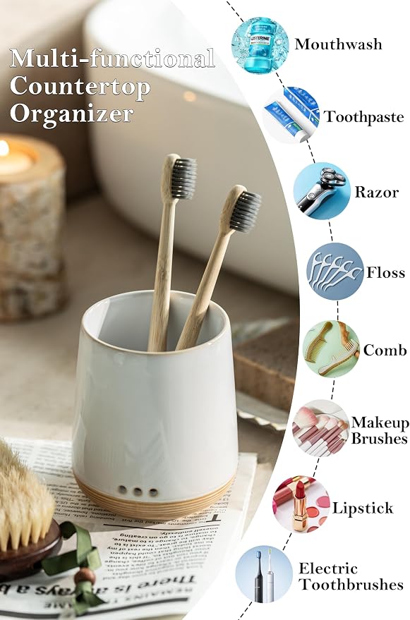 LYEOBOH Ceramic Toothbrush Cup, Cute Toothbrush Holder with Drainage,White | Farmhouse Tooth Brush Holder for Bathroom, Countertop Toothbrush Organizer, Electric Toothbrush Storage for Kids & Family