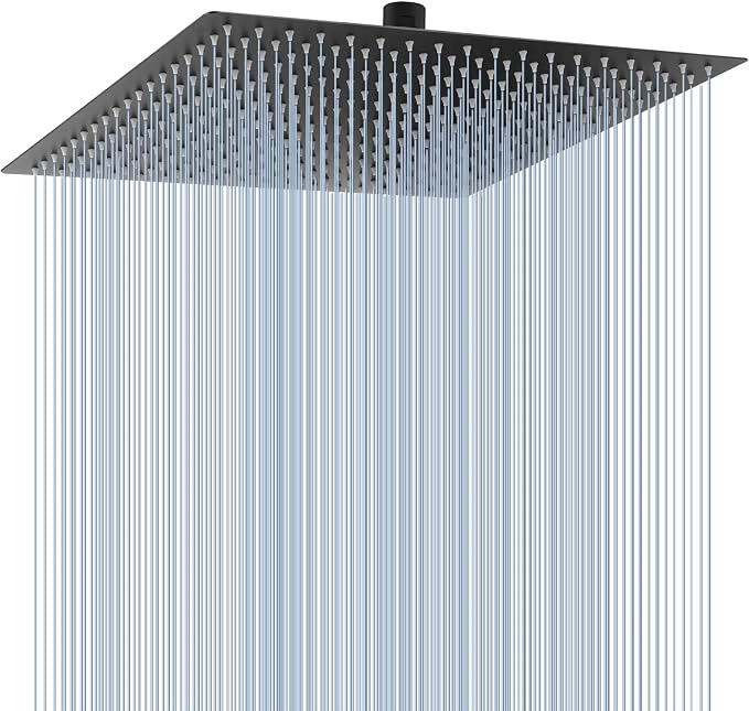 Voolan Oversize Rain Shower Head - High Flow Square Rainfall Showerhead - Waterfall Full Body Coverage - Universal Ceiling or Wall Mount (16 Inch, Matte Black)