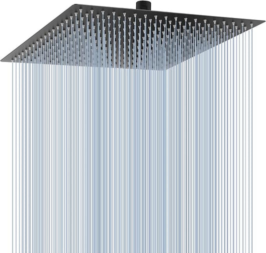 Voolan Oversize Rain Shower Head - High Flow Square Rainfall Showerhead - Waterfall Full Body Coverage - Universal Ceiling or Wall Mount (16 Inch, Matte Black)