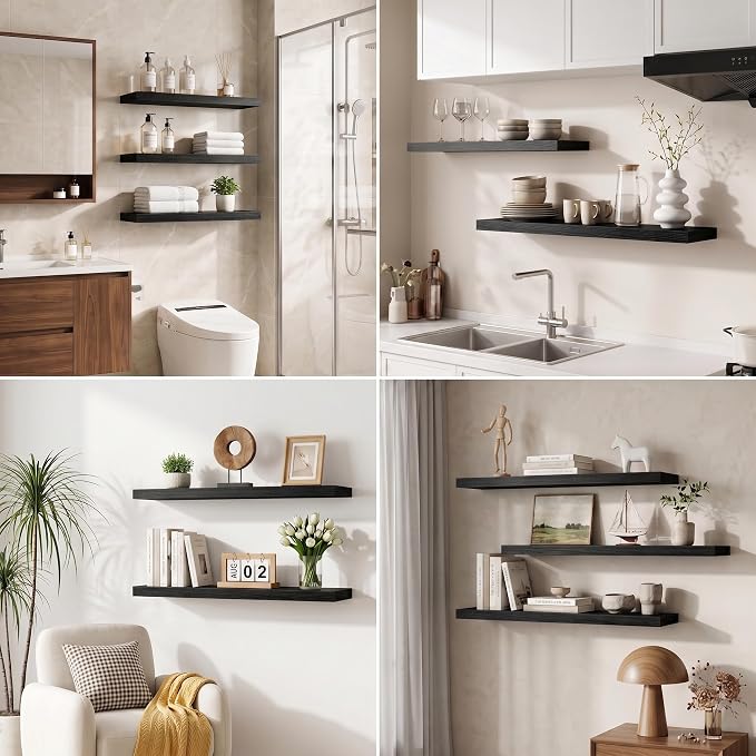 Fun Memories 36 Inch Floating Shelves, Wall Shelves Set of 2 for Bathroom/Living Room/Bedroom/Kitchen, Black Floating Shelf for Wall Decor with Invisible Brackets