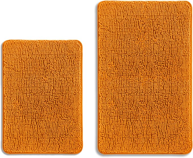 Flame Orange Bathroom Rugs Sets 2 Piece – Absorbent and Washable Bath Mat, Non-Slip, Thick Soft Chenille Bath Rugs for Bathroom Floor, Shower, Sink - 17" x 24"+20" x 32"