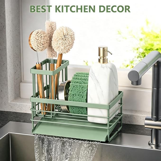 Cisily Sink Caddy Sponge Holder for Kitchen with Brush Holder and Stainless Steel Self Drain Tray, Rustproof Kitchen Sink Organizer for Sponge, Soap Dispenser Storage Accessories