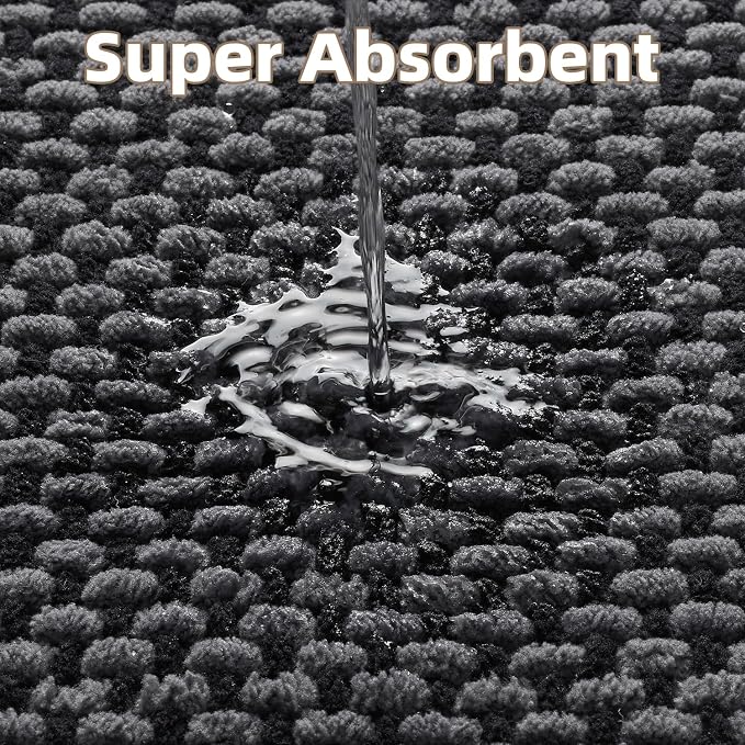 PADOOR-Bath Mat-Super Absorbent Chenille Bathroom Mats-Rubber Backed Bath Mats for Bathroom Non Slip, Easy Clean Bathroom Rugs Front of Bathtub,Shower Room,Sink-17×35, Darkgrey&Black