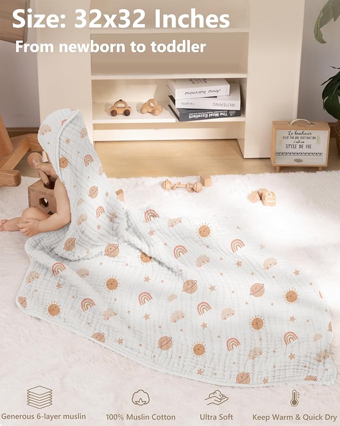Baby Bath Towels, 100% Muslin Cotton Hooded Baby Towels for Newborn, 2 Pack Baby Towels with Hood for Infant Toddler and Kids, Large 32x32Inch Bath Essentials, Soft and Absorbent Orange Rainbow