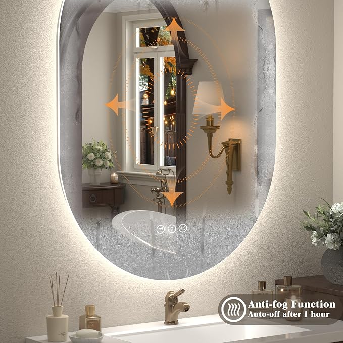 40x24 Inch Oval Backlit LED Bathroom Mirror for Wall | Stepless Dimmable, Shatter-Proof, Anti-Fog, 3 Colors, Memory, Phill-shaped, ETL Listed(Horizontal/Vertical)