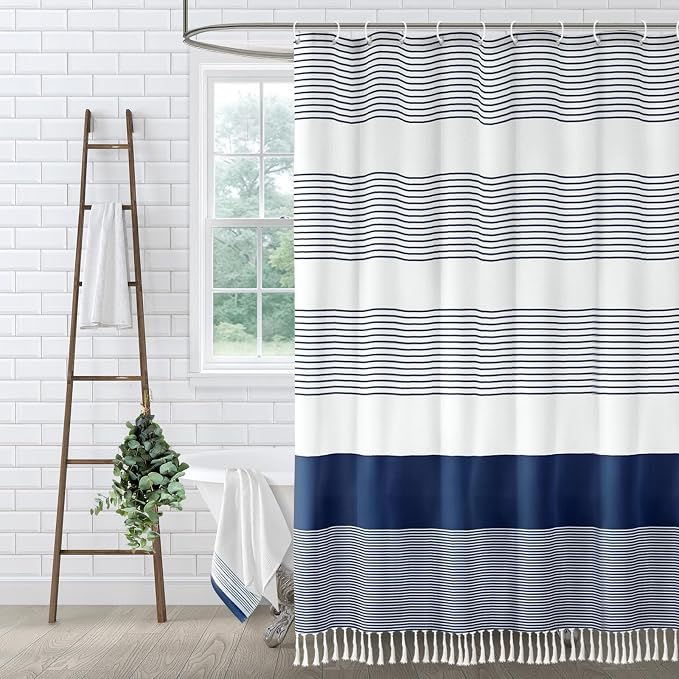 Navy Blue Coastal Ocean Cotton Striped Shower Curtain with Tassel 72W X 72L | Boho Farmhouse Shower Curtains for Bathroom with Soft Cotton Feel
