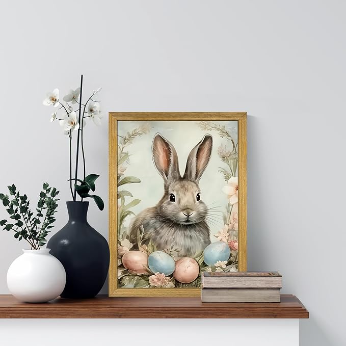 Easter Bunny Wall Art, Vintage Rabbit Canvas Wall Decor, Easter Eggs Poster Print Picture, Spring Farmhouse Animal Painting for Living Room Bedroom Kitchen Holiday Home Decor 12x16 Inch Wood Framed