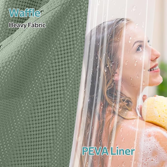 3 in 1 Shower Curtain Set, Waffle Shower Curtain and Liner Set with 6 Double Sided Shower Curtain Hooks, 258GSM Luxury Weighted Cloth Shower Curtain for Shower Stall, 36 W x 72 H, Sage Green